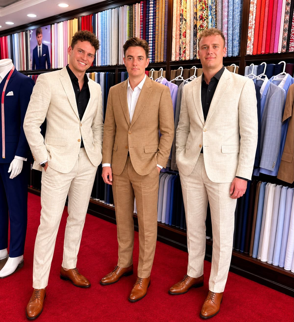 Tre mænd i skræddersyede hørjakkesæt, Mike's Tailor Samui